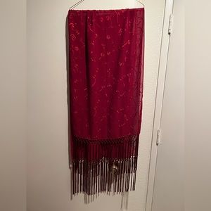 Vintage embroidered red shawl with long fringe